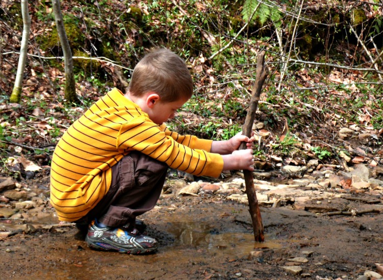 Christopher playing with stick on logging road at Hacker Valley, WV