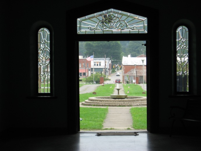 view of the fountain from inside the entry of the Trans Allegheny Lunatic Assylum