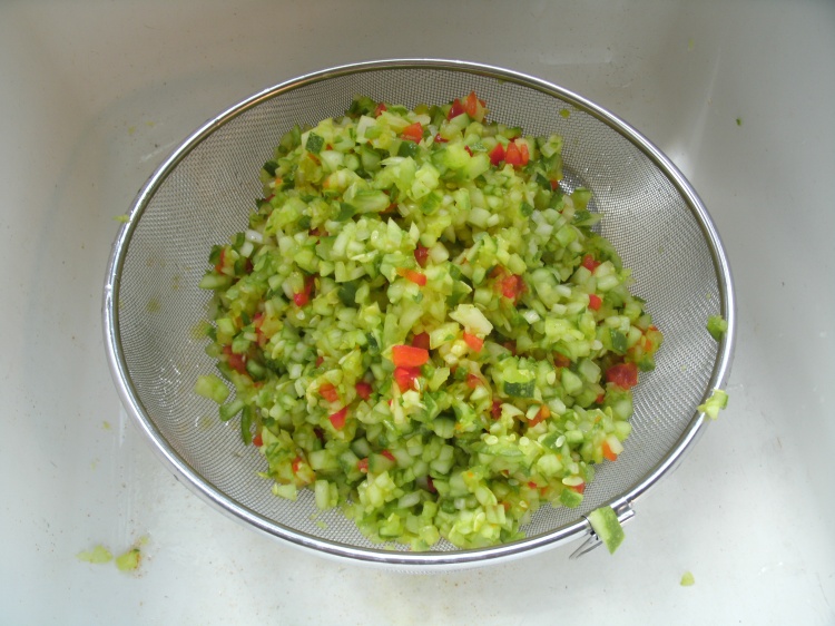 draining pickle relish in strainer