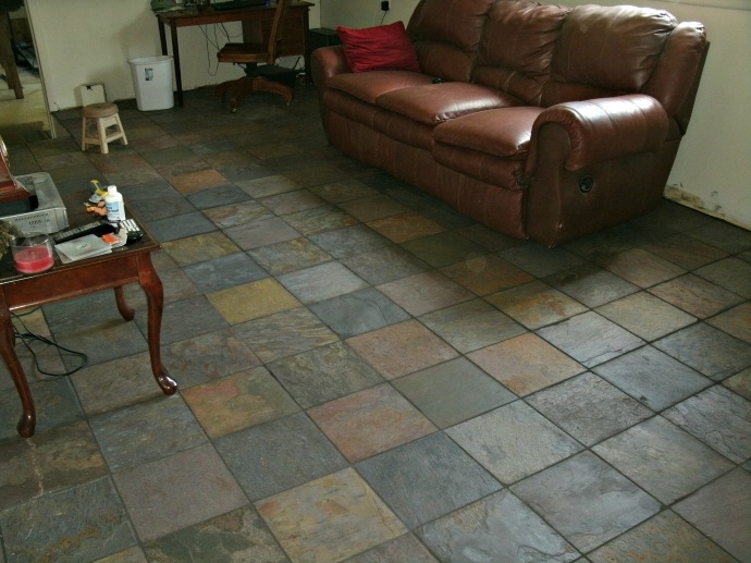 Slate tile floors with grout and sealer