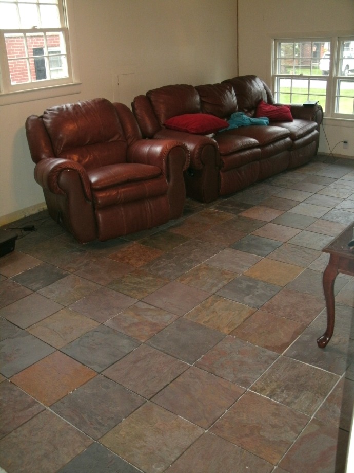 Family room floor with slate tile in place