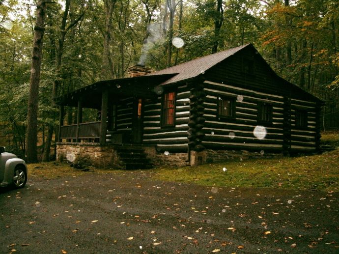 Cabin at lost River State Park in the rain.
