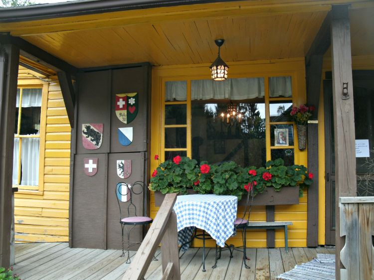 front porch of the Hutte Swiss Restaurant, Helvetia, WV