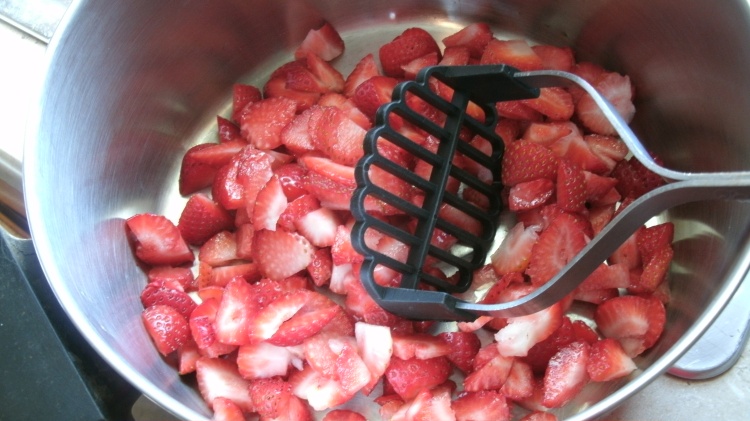 ready to crush 2 cups of strawberries at a time in dutch oven